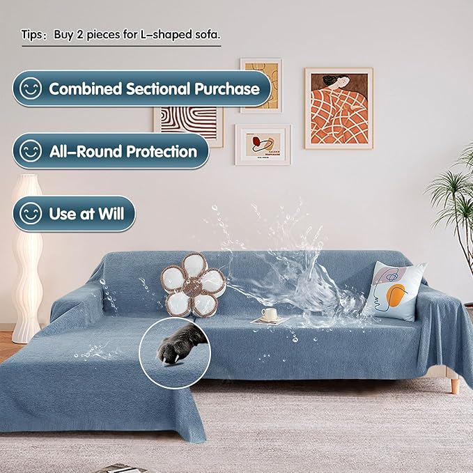 STACYPIK 100% Waterproof Blue Couch Cover for Pets, Sectional L Shape Sofa Cover for 2 Cushion Couch, Anti-Cat Scratch Furniture Protector Cover, Anti Slip Sofa Throw Cover for Dogs Kids-71x90IN