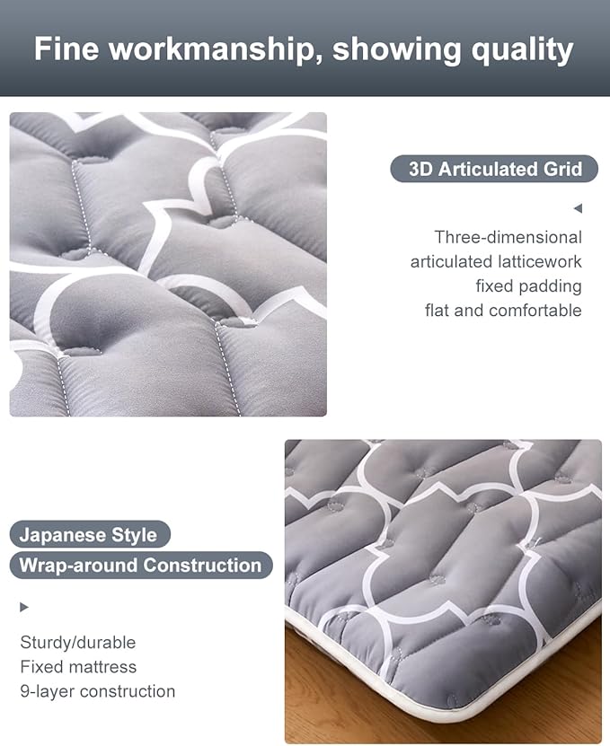 6th Generation Japanese Floor Futon Mattress - Extra-Thick 9-Layer Modern Futon with 100% High-Density Foam, Portable Floor Mattress Sleeping Pad for Adults, Guest Room, Dormitory, Twin Size (39"X80")