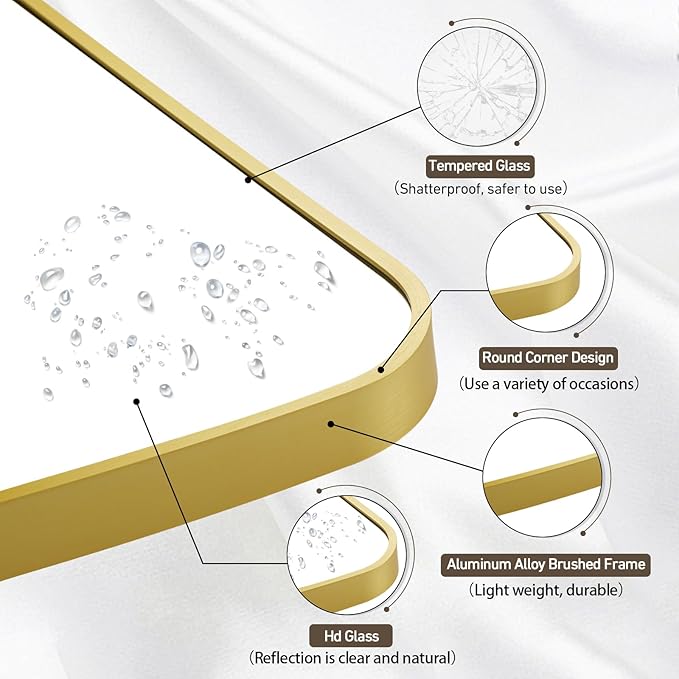 Matte Gold Mirror, 40x30 Inch Brushed Gold Mirror, Aluminum Alloy Framed Vanity Mirror, Rounded Rectangle Bathroom Mirror for Over Sink, Anti-Rust Wall Mirror (Horizontally or Vertically)