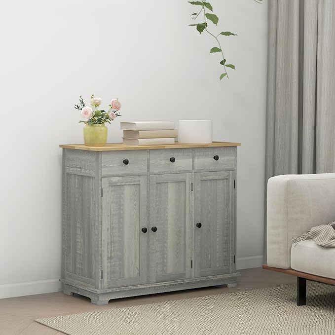 HOMCOM Sideboard with Solid Wood Countertop, Modern Kitchen Storage Cabinet, Coffee Bar Cabinet with 3 Drawers, Doors and Adjustable Shelf, Distressed Light Gray