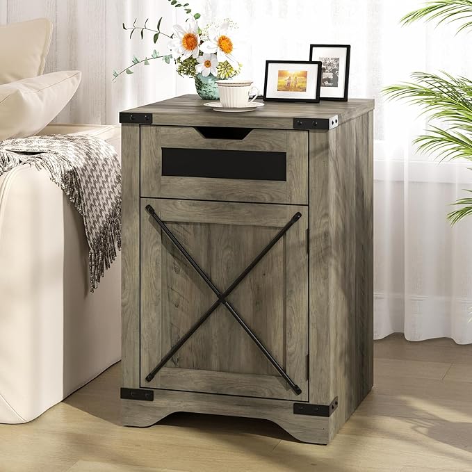 Farmhouse End Table Set of 2 with Charging Station, 26.4" Tall Rustic Nightstand with Drawer and X Barn Door, Country Bedside Sofa Side Table for Living Room, Grey