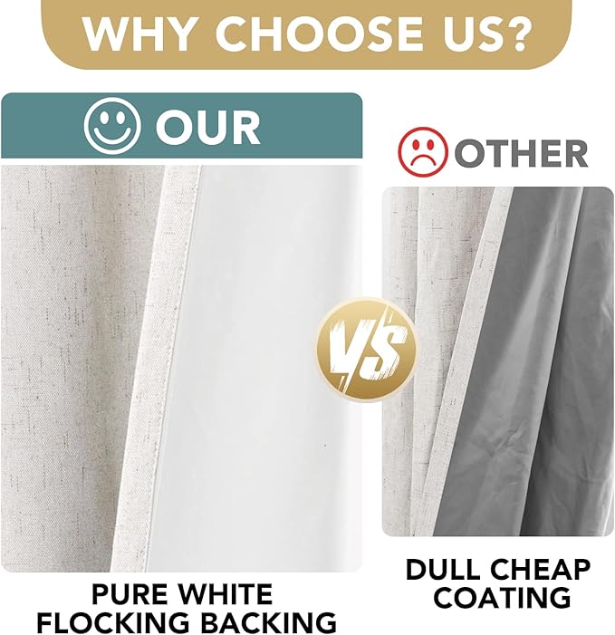 H.VERSAILTEX Primitive Linen Curtains 100% Blackout Curtain Drapes Burlap Fabric Curtains with White Thermal Insulated Liner, Grommet Top Drapes Living Room/Bedroom (2 Panels, 52 x 45 Inch, Ivory)