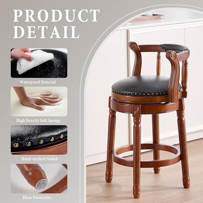 Cow top Leather Wooden Bar Stools, 360 Degree Swivel Bar Height Chair with Backs for Home Kitchen Counter, Morden Chair Barstools (Black-2pc, Bar Height-Seat Height 29.5”)