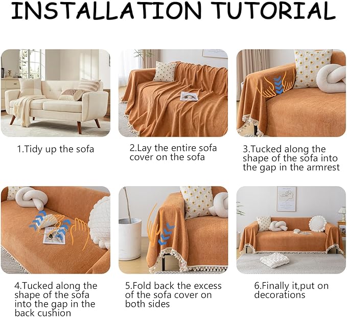 HANDONTIME Dark Orange Sofa Covers Couch Cover for Dogs Colorful Tassel Sofa Seat Cover Lovetseat Cover Pet Couch Cover Bohemian Sofa Cover for Couch Vintage Boho Couch Covers Futon Cover, 91" X150"