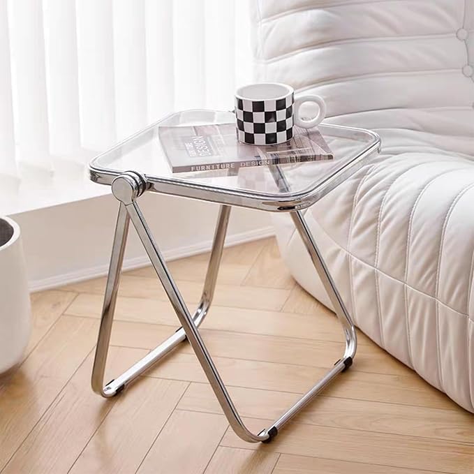 16.2" × 14.1" Acrylic Folding Table, Small Lightweight End Table for Living Room, Bedroom and Small Room, Sturdy Metal Frame with No Assembly Required, Space-Saving Storage Design (Clear)