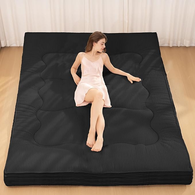 Japanese Floor Mattress, 4" Thicken Futon Mattress Full Size Sleeping Pad, Corduroy Foldable Floor Pad, Roll Up Tatami Mat for Adults Guest Room Bedroom, Black