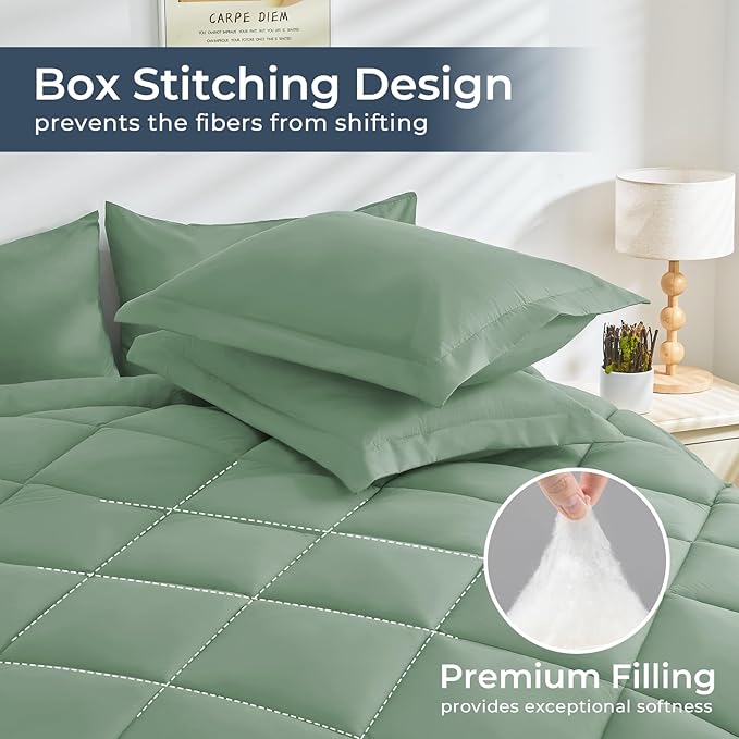 HEVUMYI Light Green King Comforter Set - 7-Piece All Season Bed in a Bag King, Ultra Soft Bedding Set with Comforter, Flat Sheet, Fitted Sheet, Pillowcases, Pillow Shams
