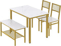 Teraves Dining Table Set for 4/Computer Desk,Kitchen Table with 2 Chairs and a Bench,Table and Chairs Dining Set 4 Picce Set for Dining Room (White Marbling+ Gold Frame,110CM)