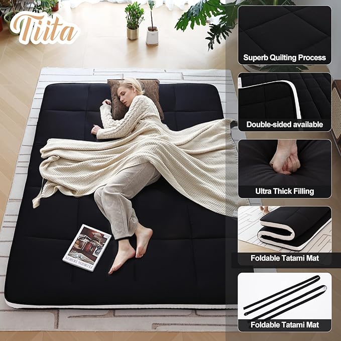 Tiita Floor Mattress Memory Foam Mattress Topper, 4" Thicken Futon Mattress with Storage Bag and 2 Straps, Portable Roll Up Travel Car Camping Mattress Sleeping Pad Full Size, Black