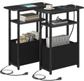 Narrow Side Table with Charging Station Set of 2, Small End Table for Small Spaces, Skinny Nightstands Set 2 with Storage Basket, 3 Tier Sofa Bedside Tables for Living Room,Bedroom, Black