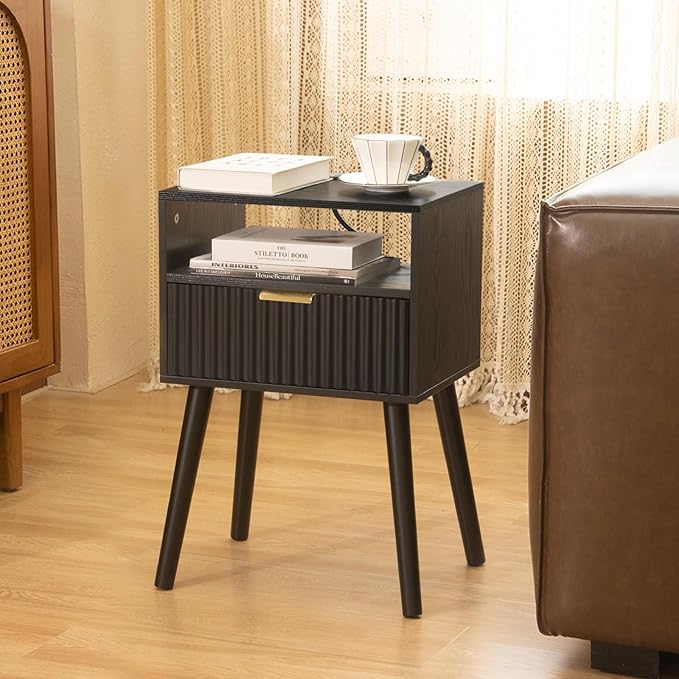 Black Nightstand with Charging Station, Mid Cetury Modern Nightstand with Drawers, Fluted End Side Table with Solid Wood for Bedroom, Dorm and Small Space (Black)