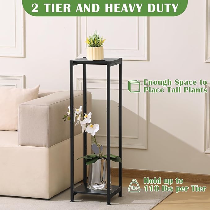 Extra Tall Plant Stand Indoor,40 Inch Plant Stands,2 Tier Metal Plant Stand with Heavy Duty Wood,Black