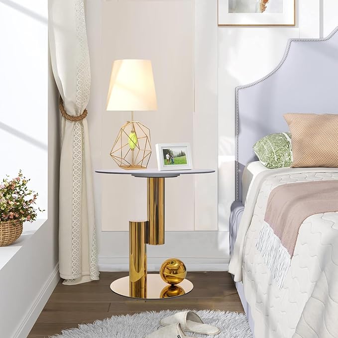 White Gold Round Side Table, 19.7" Faux Marble Sofa End Table, Modern Nightstand, Small Accent Table with Stainless Steel Ball/Cylindrical Frame, for Living Bedroom Office (Gold, 50cm/19.7")