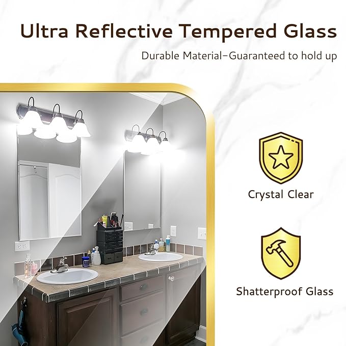 24x36 Rounded Rectangle Bathroom Mirrors for Over Sink, Glod Vanity Mirror with Metal Frame Wall Mounted, Modern Farmhouse Mirror for Restroom, Bedroom, Entryway Decor