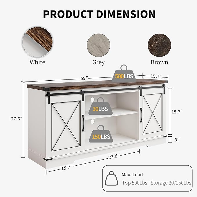 CABIHOME Farmhouse TV Stand and Entertainment Center for TV Up to 65 Inches with Sliding Barn Doors, TV Media Storage Console Table and Furniture for Living Room, Bedroom, White & Brown