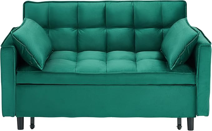 Ball & Cast Convertible Sofa Bed,Pull Out Loveseat Sleeper Sofa,Convertible Pull Out Couch W/ 2 Pillows,Adjustable Backrest & Side Pocket,Corduroy Futon Couches for Living Room,Apartment,Green,55"