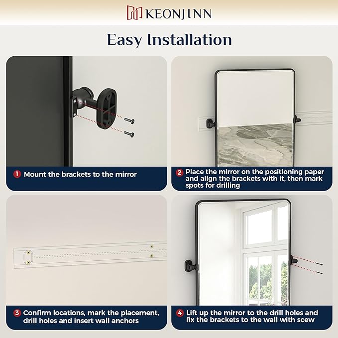 Keonjinn 24 x 36 Inch Pivot Mirror Bathroom, Black Tilt Mirror Bathroom for Wall, Matte Black Beveled Pivot Rectangle Mirrors for Over Sink, Farmhouse Metal Framed Vanity Mirrors, Horizontal/Vertical