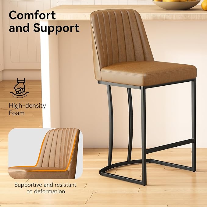 Counter Height Bar Stools Set of 6, Upholstered Leather Barrel Barstools with Back and Metal Legs for Kitchen Island, 27.4" Seat Height, Fabric in Faux Leather, Rustic Brown