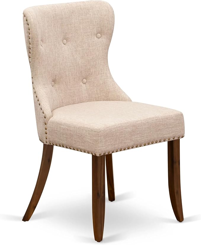 East West Furniture AMSI3-AWA-04 3 Piece Dining Set for Small Spaces Contains a Round Kitchen Table with Pedestal and 2 Light Tan Linen Fabric Parson Chairs, 36x36 Inch, Walnut