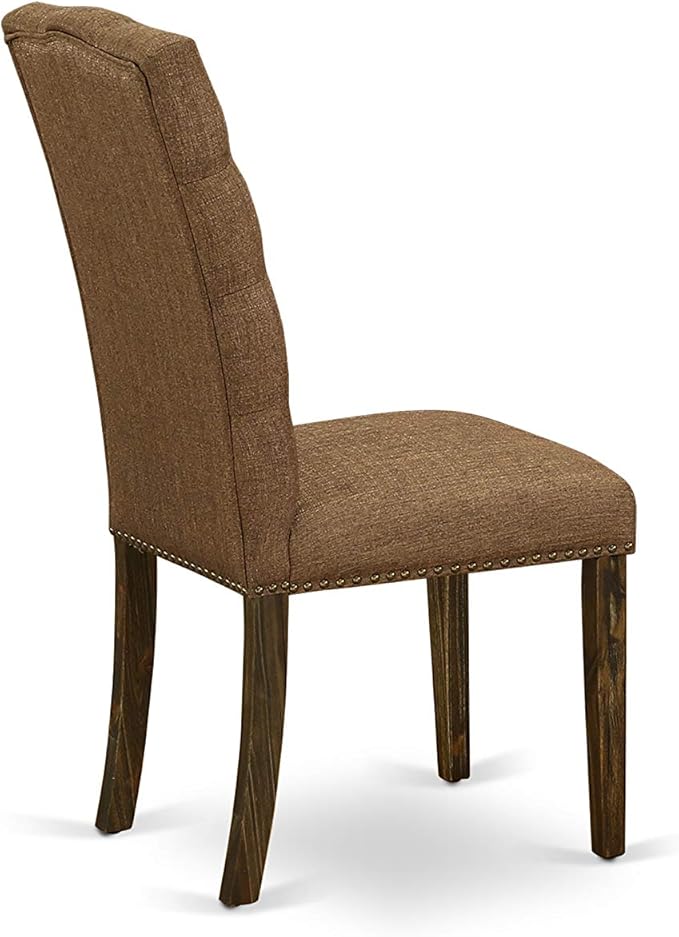 East West Furniture F3EL5-718 5 Piece Modern Dining Table Set Includes a Round Wooden Table with Pedestal and 4 Brown Linen Linen Fabric Parsons Dining Chairs, 48x48 Inch, Distressed Jacobean