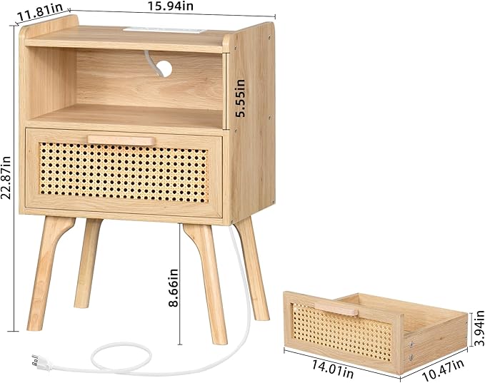 Lerliuo Rattan Nightstand with Charging Station, Boho Side Table with Drawer Open Shelf, Cane Accent Bedside End Table for Bedroom, Dorm and Small Spaces