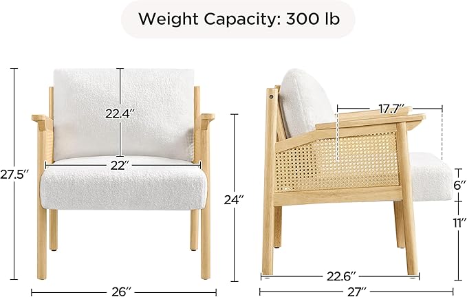 Yaheetech Accent Boucle Vanity Chair with Rattan Back Arms, Mid Century Upholstered Living Room Lounge Chair Bedroom Balcony White 2 PCS