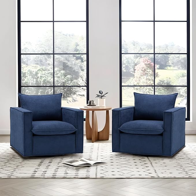 COLAMY Swivel Accent Chair, 34in Living Room Chair Upholstered Armchair with Back Pillow Modern Comfy Sofa Chair for Bedroom/Corner/Reading, Blue