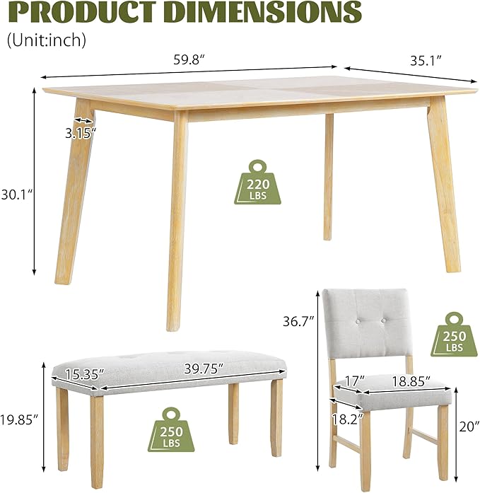 Merax 6 Piece Solid Wood Dining Table Set for 6, Rustic Farmhouse Rectangular with 4 Upholstered Wooden Chairs and 1 Bench, Kitchen Room, Natural Wood Wash