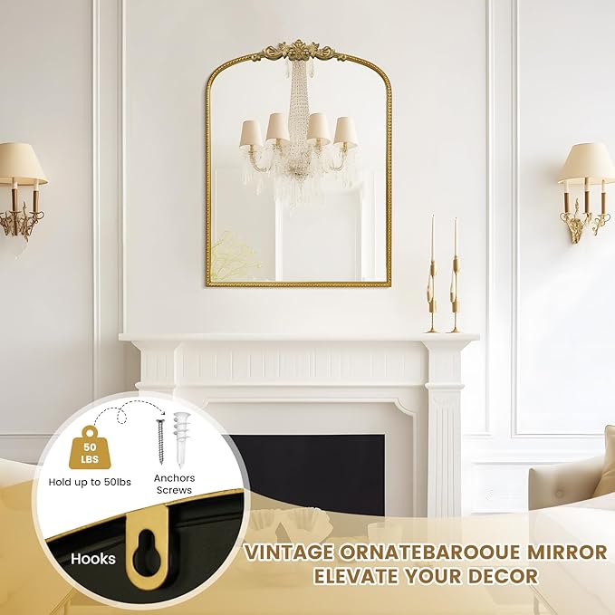 WallBeyond Gold Vintage Mirror - 24x32 Inch, Arched Antique Mirror with Ornate Frame for Bathroom, Living Room, Fireplace, Entryway