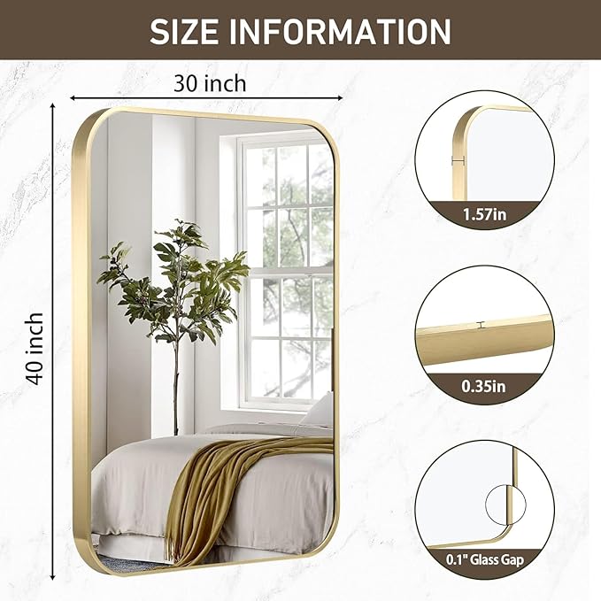 Gold Bathroom Mirror, 48x30 Inch Brushed Gold Mirror, Aluminum Alloy Framed Rectangle Bathroom Mirror for Over Sink, Anti-Rust Wall Mirror (Horizontally or Vertically)