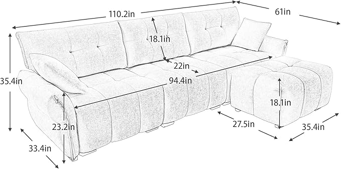 Modern Chenille Fabric 3-Seat Sofa w/Ottoman+2 Pillows, Premium Upholstery Living Room Couch with Tufted Backrest & Comfortable Armrests and High-Resilience Memory Foam Cushions,Blue