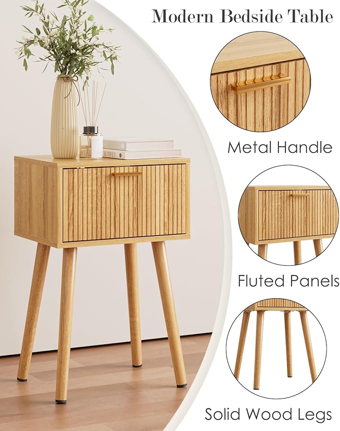 Night Stand, Oak Nightstand with Fluted Door, Small Modern Mid-Century Bedside Table for Bedroom, End Table for Living Room