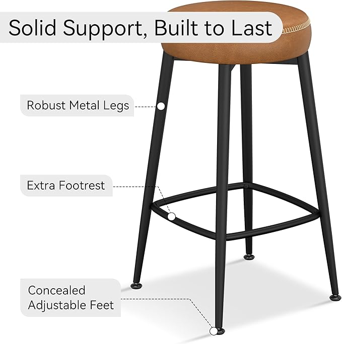 Counter Height Bar Stools, 26" H Backless Bar Stools Set of 2, Upholstered Faux Leather Kitchen Counter Stools, Mid Century Modern, Kitchen Island Home Bar, Pub, Caramel Brown