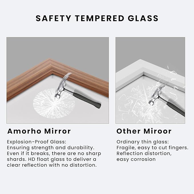 Amorho 22 X30 Inch Bathroom Mirror for Wall, Walnut Wood Grain Metal Framed Mirror, Anti-Rust, Hang Horizontally/Vertically, Suitable for Bedroom, Farmhouse, Bathroom, Decorative