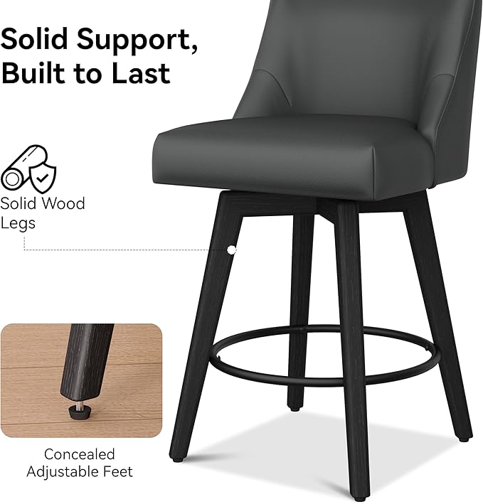 Counter Height Bar Stools Set of 3, Modern Swivel Barstools with Back and Wood Legs, Faux Leather Upholstered Bar Chairs, 26" H Kitchen Counter Stools, Kitchen Island Home Bar, Black Grey