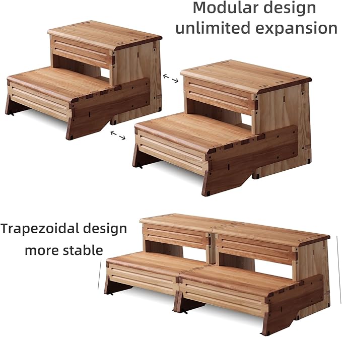 32" Wooden Two Step Stool for Adult & Kid, Wider, Deeper & Safer Bedside Steps, Anti-Slip. Riser 2-Step Spa & Hot Tub Stairs for Pool, Heavy Duty for Kitchen, Bathroom, Closet, High Bed Step