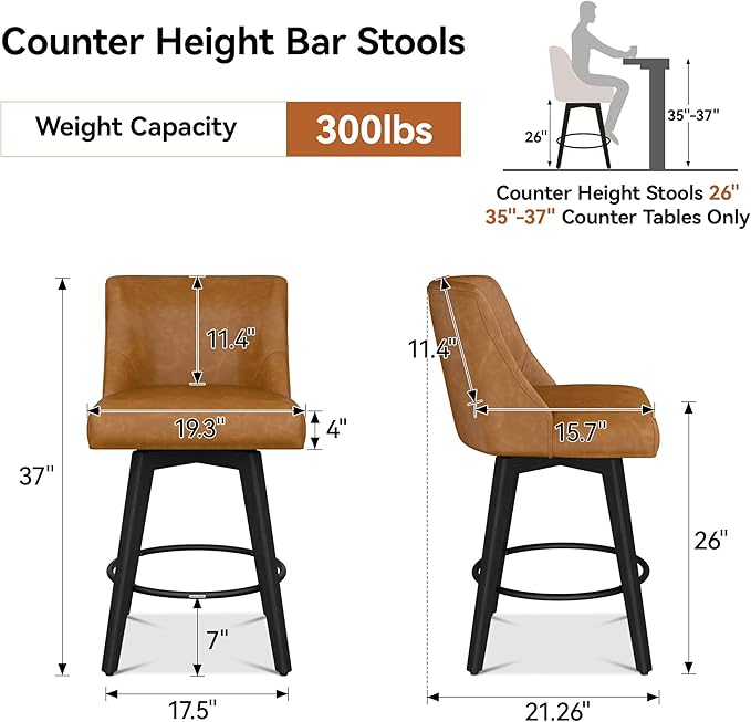 Counter Height Bar Stools Set of 4, Modern Swivel Barstools with Back and Wood Legs, Faux Leather Upholstered Bar Chairs, 26" H Kitchen Counter Stools, Kitchen Island Home Bar, Whisky Brown
