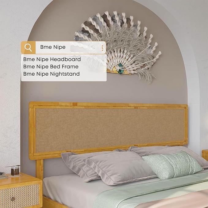 Bme Nipe King 14 Inch Bohemian Bed Frame with Adjustable Woven Headboard - Rustic & Vintage Unique Style with Acacia Wood - No Box Spring Needed - Easy Assembly - Natural