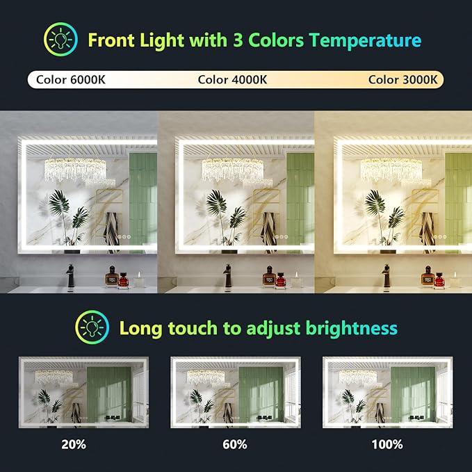 68x36 Inch RGB LED Bathroom Mirror Front Light and RGB Backlit Lighted Vanity Mirror for Bathroom Wall Mounted Dimmable Anti Fog Memory Shatter-Proof IP54 Waterproof Horizontal/Vertical