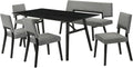 Armen Living Channell Mid Century Modern 6 Piece Black Wood Dining Table Set with Bench in Charcoal Fabric