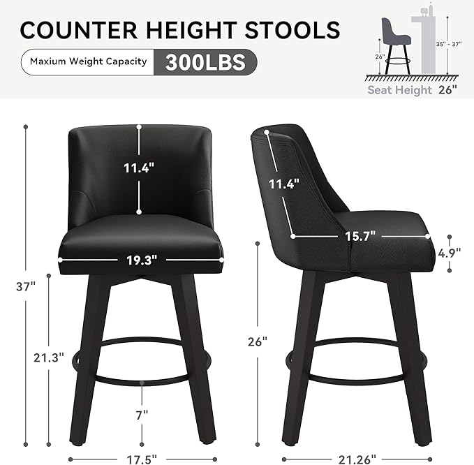 Counter Height Swivel Bar Stools Set of 4, 26 Inch Bar Stools with Footrest, Faux Leather Upholstered Barstools with Back and Solid Wood Legs for Kitchen Island, Dining Room,Pub,Black