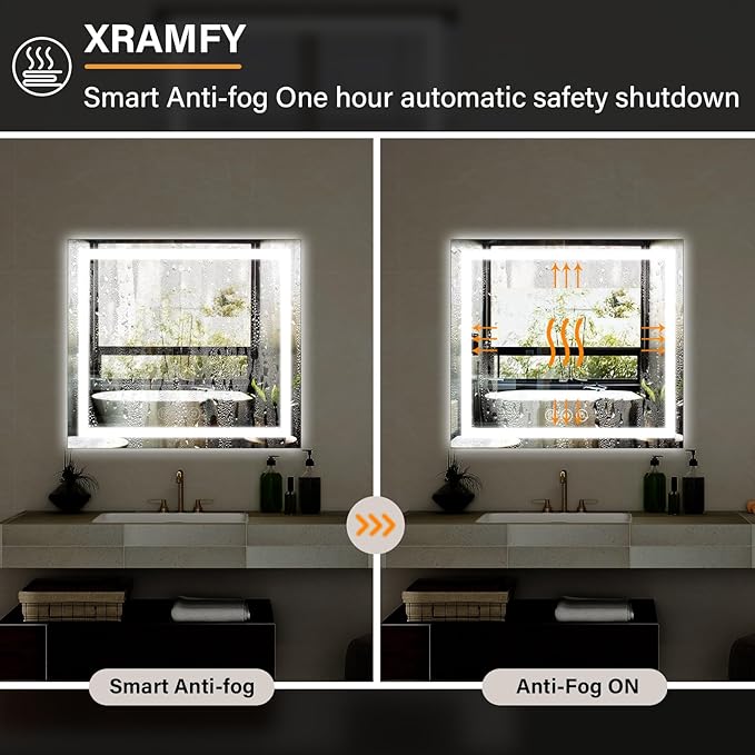 36x36 LED Bathroom Mirror, Backlit + Front Lit, LED Bathroom Mirror with Lights for Wall, 3 Colors, Anti-Fog, Dimmable Brightness, Memory Function, Tempered Glass