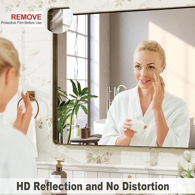 55x36 Bronze Framed Bathroom Mirror, Rectangle Brushed Bronze Metal Vanity Mirror, Large Modern Mirror for Wall, Rounded Corner, Tempered Glass, Anti-Rust, Shatterproof (Horizontal/Vertical)