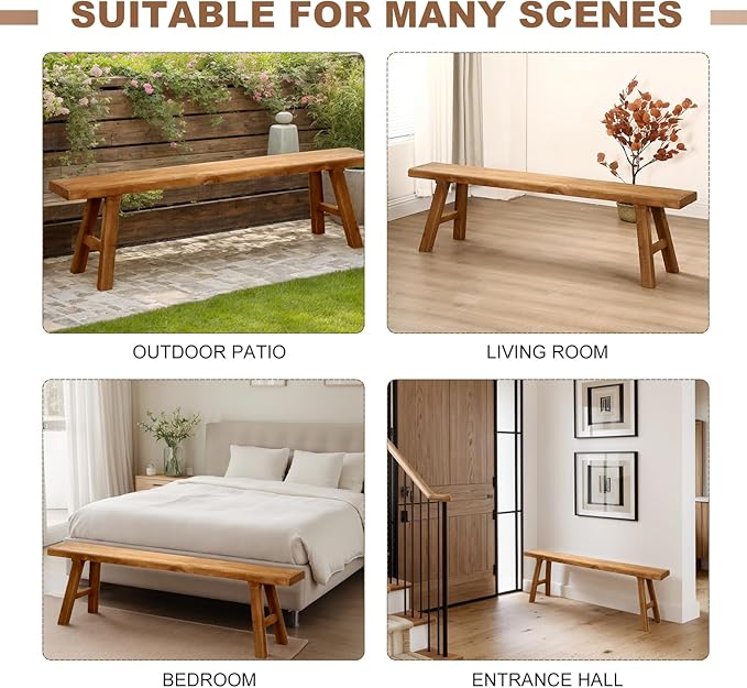 Farmhouse Solid Wood Bench: Long Rustic Indoor Narrow Wooden Bench for Entryway,Living Room, Dining Room,End of Bed,Hallway (63" Lx10 Wx18 H)