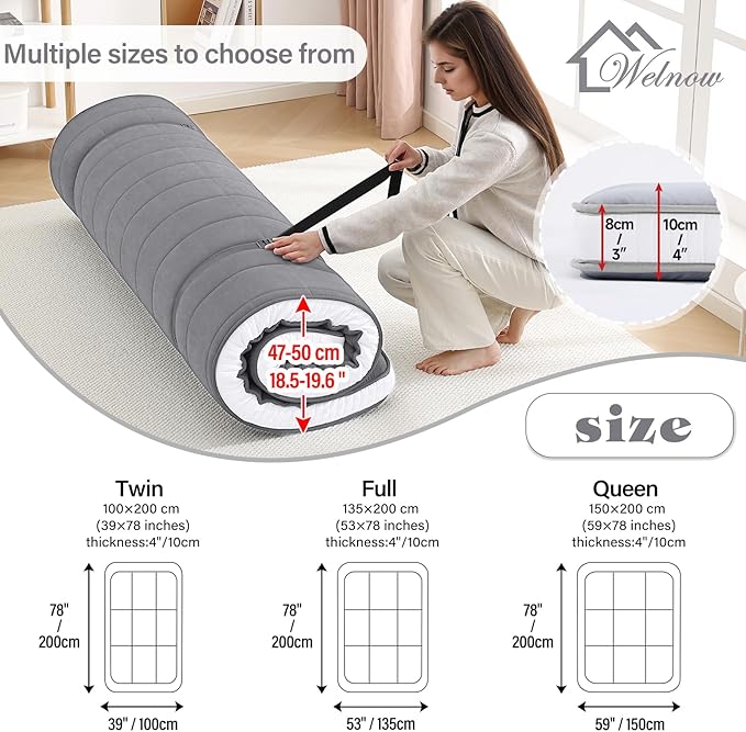 Welnow Japanese Futon Floor Mattress, Queen Size Thick Tatami Mat Portable & Foldable Roll Up Floor Bed Mattress with Storage Bag, Sleeping Pad for Adults, Dorm, Guest Bed, Camping and Travel, Grey
