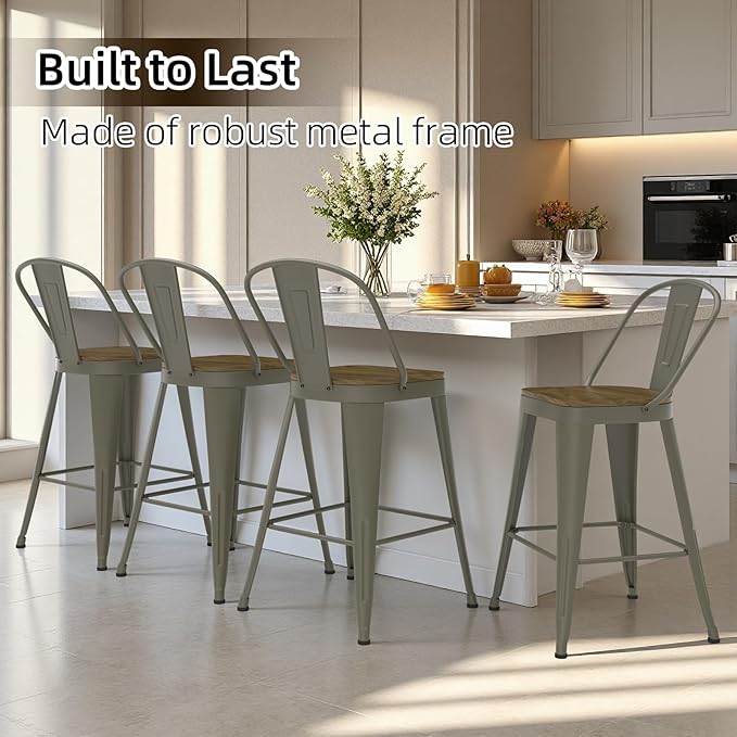 Metal Bar Stools Set of 4, High Back Bar Stools with Wooden Seat, 24 inch Rusty Barstools for Kitchen Island