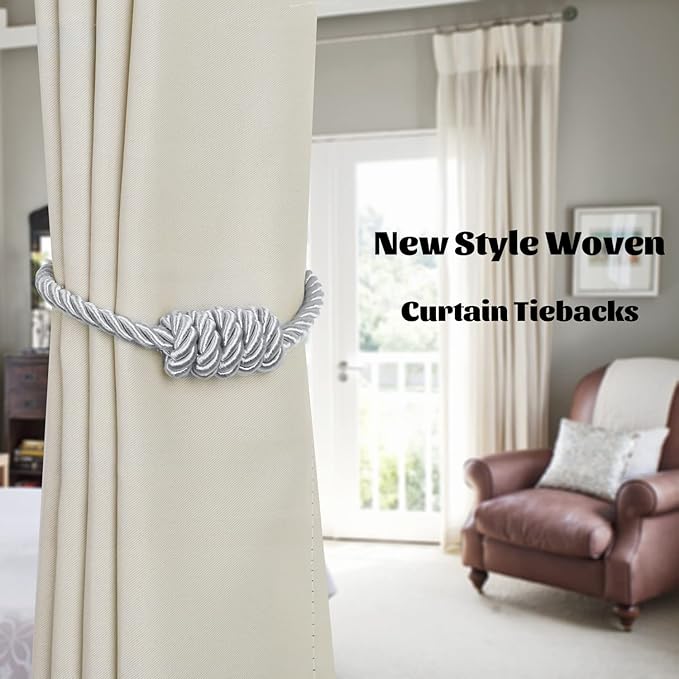 BEL AVENIR Magnetic Curtain Tiebacks, Decorative Drapery Holdbacks Modern Woven Tie-Backs with Exquisite Knot (Sliver, 6 Pack)