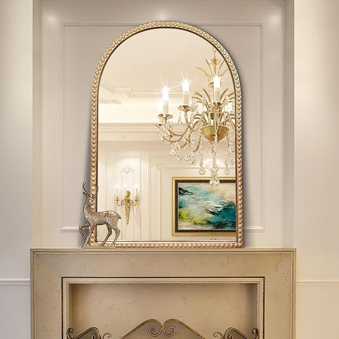 Gold Arched Mirror, 24"x36" Arch Vanity Mirrors for Bathroom, Metal Beaded Frame Decorative Accent Mirror, Ornate Vintage Mirrors for Fireplace Bedroom Living Room Hallway Entryway