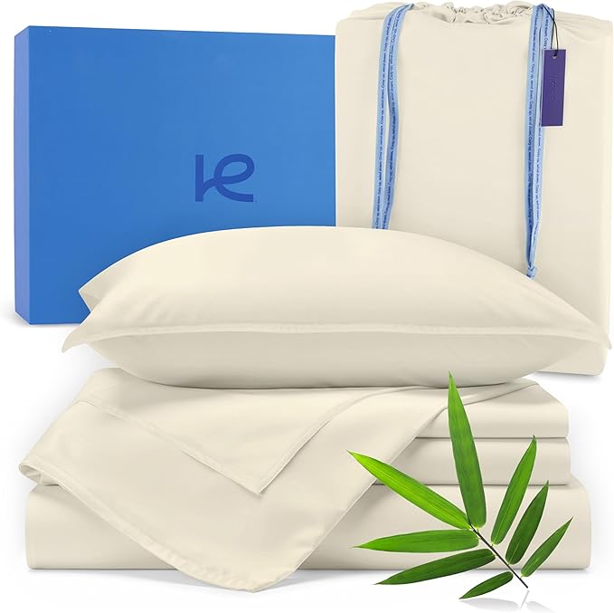 Kickoff Viscose Bamboo Sheets Full Size 4-pc 100% Organic Bamboo Viscose Bed Cooling Sheets Full Size Set Cool Bedding for hot Sleepers Sheet, Flat, Fitted, Pillowcases (Buttercream, F)