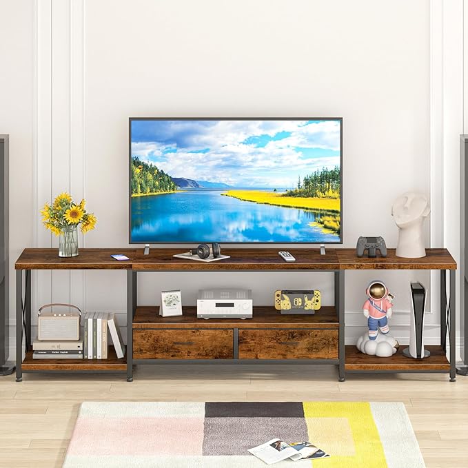 TV Stand with Fabric Drawer - Entertainment Center and Industrial TV Console Table with Open Storage Shelves for Living Room, Bedroom - 55.1" Rustic Brown